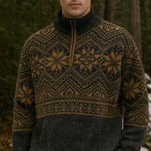 Obermeyer Wool Sweater Men’s M Ski Nordic 1/4 Zip Fair Isle Snowflake Lined